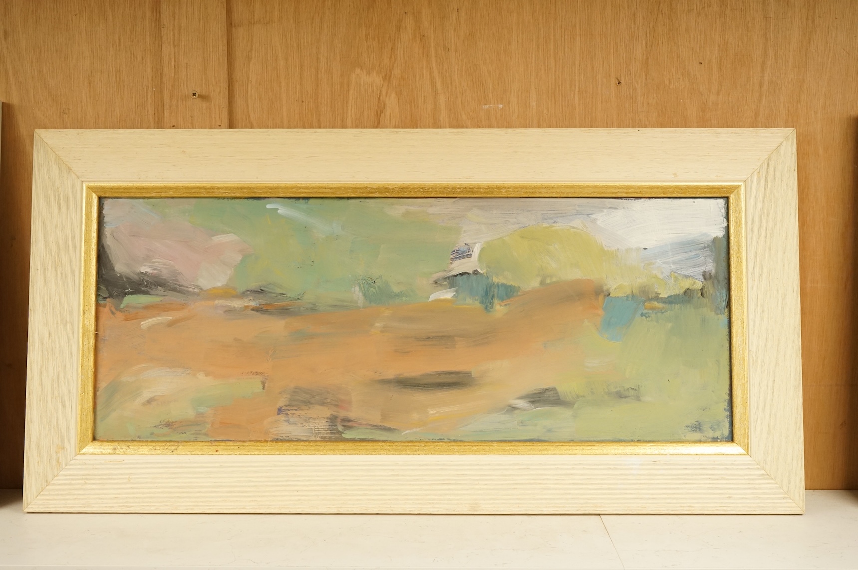 Billie Newey (Contemporary), ‘Reflections’, label verso, abstract oil on board, 29 x 74cm